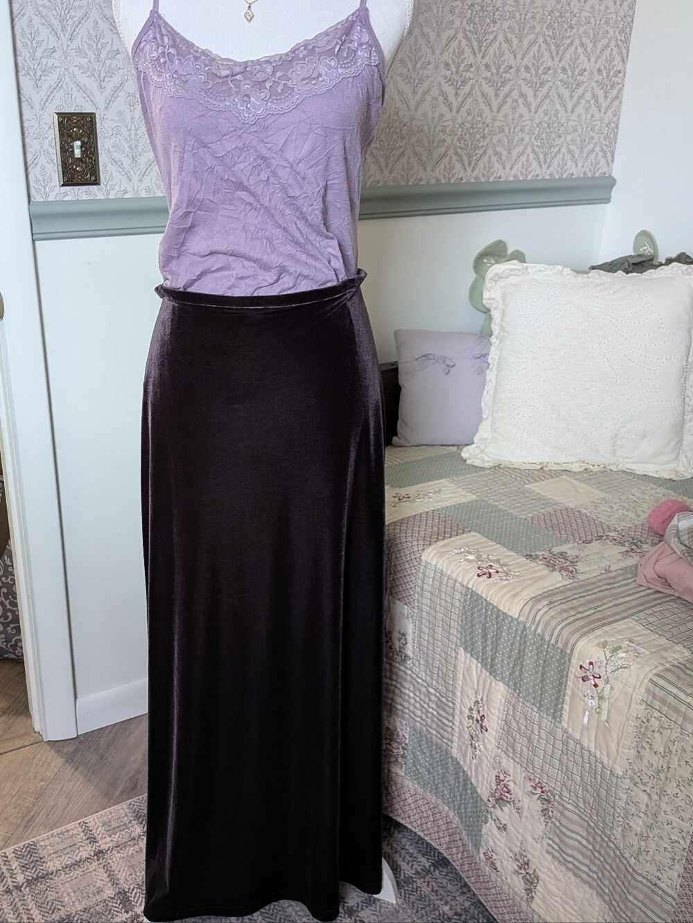 Vintage Express Tricot Velvet Maxi Skirt L Plum Purple Stretch 90s Y2K